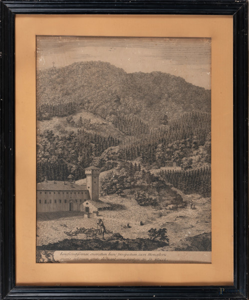 Veduta montana con pastore e gregge, XIX secolo, stampa su carta, cm 65,5x53 compreso passepartout, entro cornice, (segni di usura, foxing, gore, ondulazioni della carta, lacerazioni)