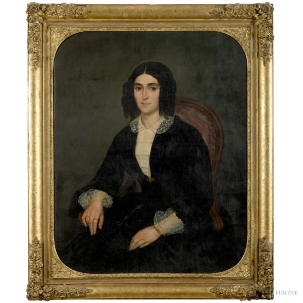 Ritratto di gentildonna, XIX secolo, olio su tela, cm 91,5x72,5, entro cornice, (lieve craquelure)