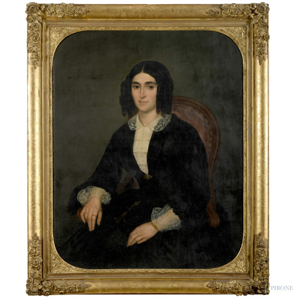 Ritratto di gentildonna, XIX secolo, olio su tela, cm 91,5x72,5, entro cornice, (lieve craquelure)