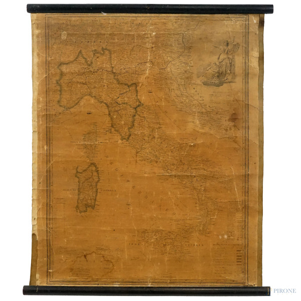 La nuova carta dell'Italia, 1860, Milano,  Francesco Pagnoni editore.  Realizzata su carta applicata su tela, cm 80x67,5, (difetti)