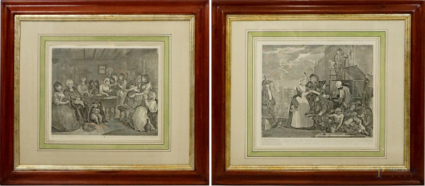 Lotto di due riproduzioni di incisioni raffiguranti "A Rake's progress pl.4" e "La carriera di una prostituta", cm 32,5x38,5, XVIII secolo, entro cornici.