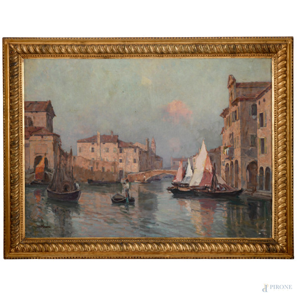 Alberto Cecconi, Nel Canale della Vena (Chioggia), olio su tela, cm 65x90 entro cornice, firmato in basso a sinistra, titolato e datato "926" al retro, (piccolissime cadute di colore e ondulazioni della tela)