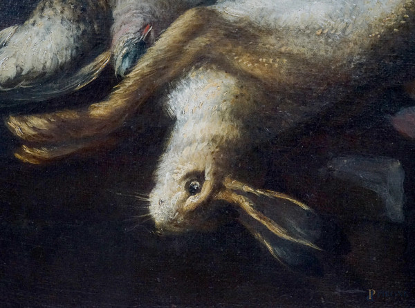 Natura morta- cacciagione, olio su tela, cm 63x75,5, entro cornice.