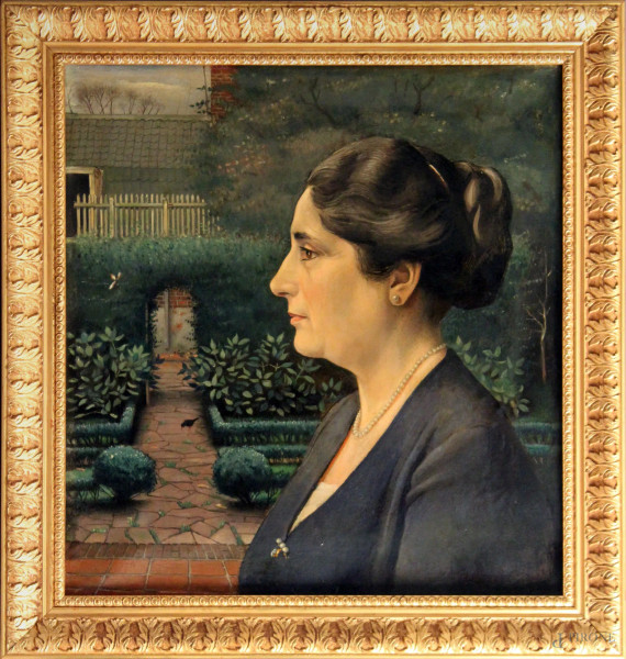 Ritratto di donna, olio su tela, primi &#39;900, cm 47 x 44, entro cornice.