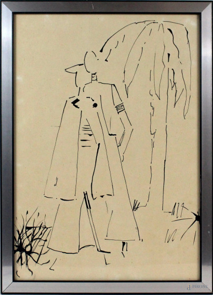 Litografia raffigurante figure con palma, cm. 49x34, entro cornice.