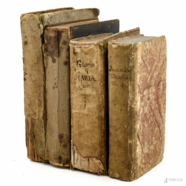 Lotto di 4 libri di argomento religioso, XVIII-XIX secolo, (segni di usura, rotture, strappi, mancanze, difetti)