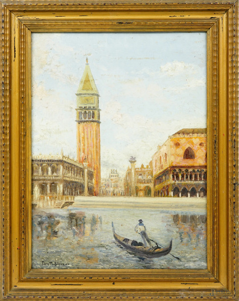 Veduta di Venezia, olio su tela applicata su cartone, cm 40x30, firmato in basso a sinistra, entro cornice