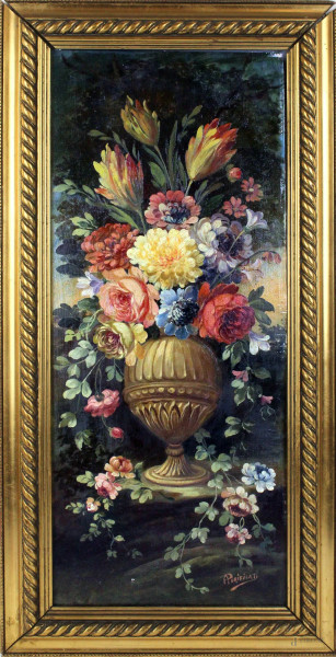 Vaso con fiori, olio su tavola, cm. 53,5x22, firmato Purificati, in cornice.