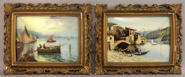 Coppia stampe raffiguranti paesaggi, cm. 28x38, difetti alle cornici.