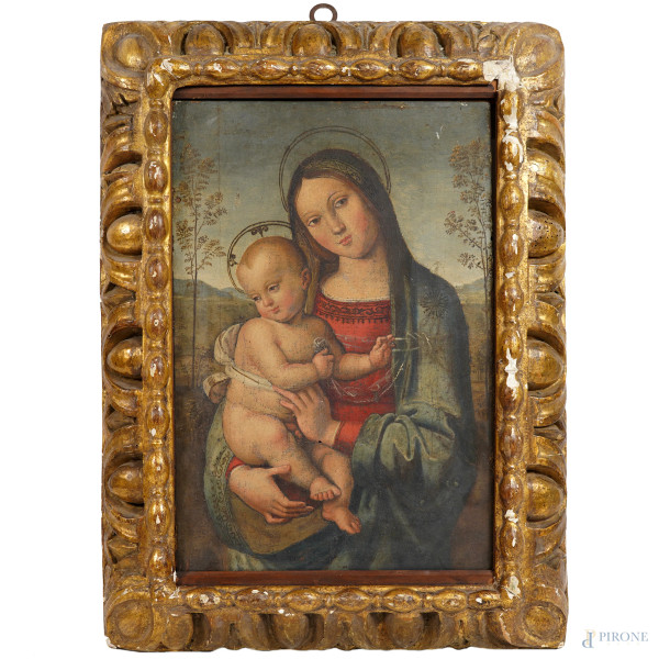 Pittore del XIX secolo, Madonna con il Bambino entro un paesaggio, olio su tavola, cm 42,5x28,3, entro cornice