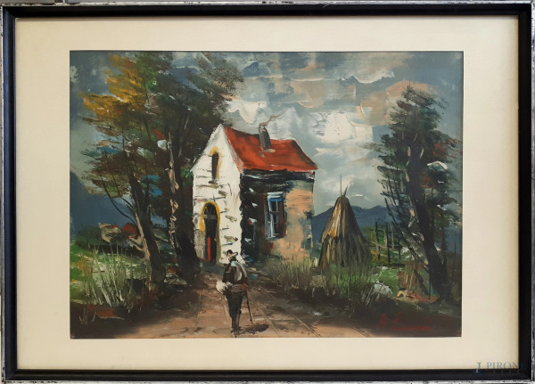 Paesaggio rurale con casolare e figura, olio su tela, cm 30x40, firmato
