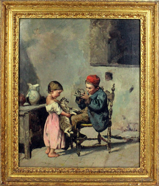 Interno con fanciulli e gatto, olio su tela, cm 37x30, siglato F.P., inizi XX secolo, entro cornice.