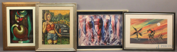 Lotto composto da quattro dipinti ad olio a soggetti e misure diverse, misure massime cm 46x66.
