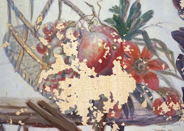 Coppia di pannelli decorati a chinoserie, con piante e volatili, fine XIX-inizi XX secolo, olio s...