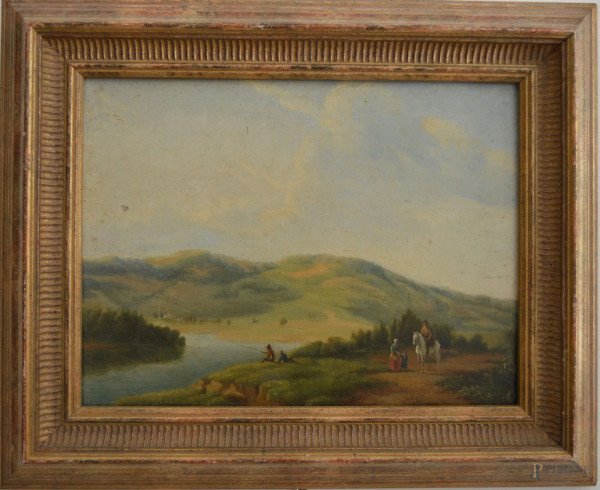 Paesaggio fluviale con figure e pescatori, olio su tavola 30x22 cm, entro cornice.