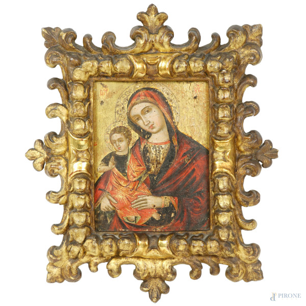 Scuola veneto-cretese del XVI-XVII secolo, Madonna della Consolazione, tempera su tavola a fondo oro, cm 25,5x20,3, entro cornice