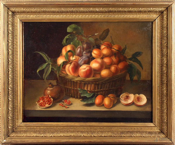 Natura morta, cesta con pesche e melograni, olio su tela, cm. 45,5x54,5, recante firma Louise Moillon.