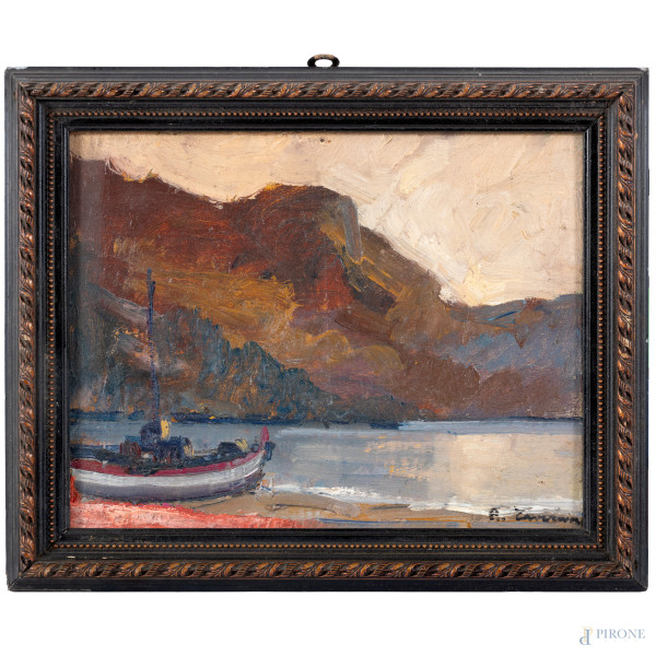 Scorcio lacustre con barca, XX secolo, olio su cartone telato, cm 20x25, firmato in basso a destra, entro cornice