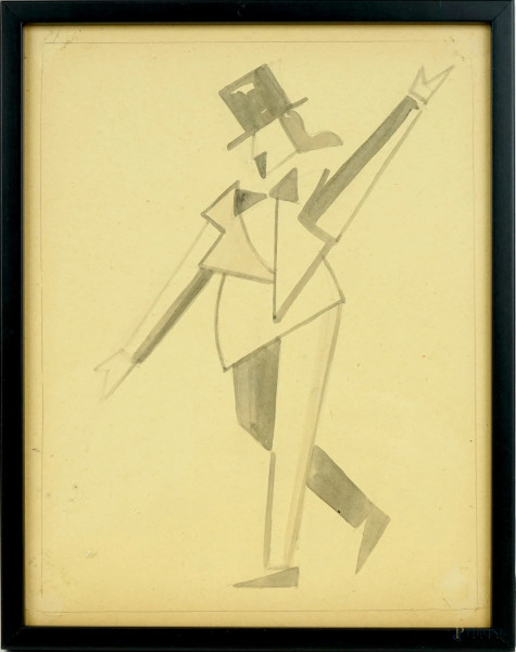 Anonimo artista futurista, uomo in frac, acquerello su carta, cm 25,5x19, entro cornice
