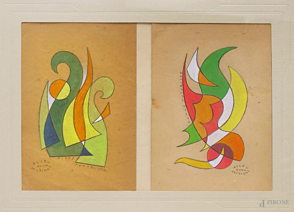Artista futurista del Novecento, Fiori futuristi, coppia di dipinti a tempera su carta, ciascuno cm, firmati e titolati