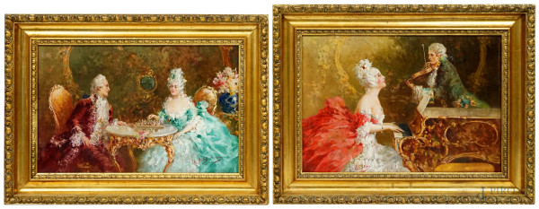 Raffaele Zeloni - Coppia di dipinti ad olio su compensato raffiguranti Duetto e Giocatori di dama, cm 23x34, entro cornici.