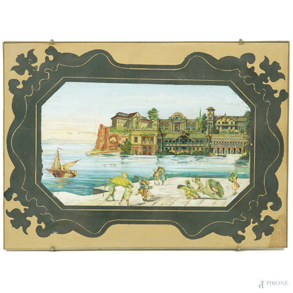 Veduta marina con festa di putti, tecnica mista su carta, XX secolo, cm 20,8x28, entro cornice