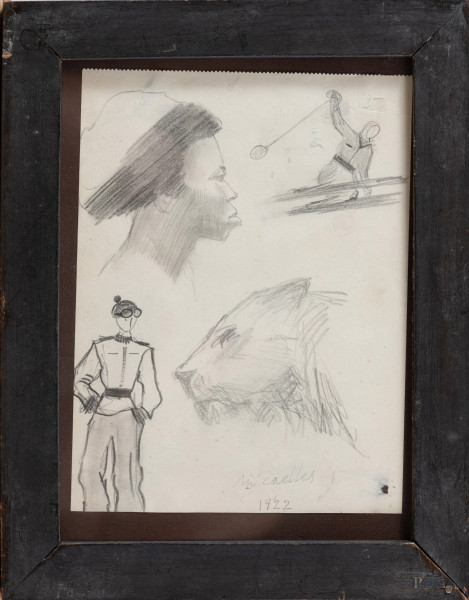 Studio di figure e testa di leonessa, XX secolo, grafite su carta, cm 18x13,5, entro cornice, (segni di usura, foxing, difetti)