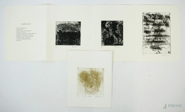 Lotto di quattro litografie raffiguranti soggetti astratti ed una poesia "Al gallo notturno", misure max cm 25x20, firmate, ES. 6/25, (lievi difetti sulla carta).