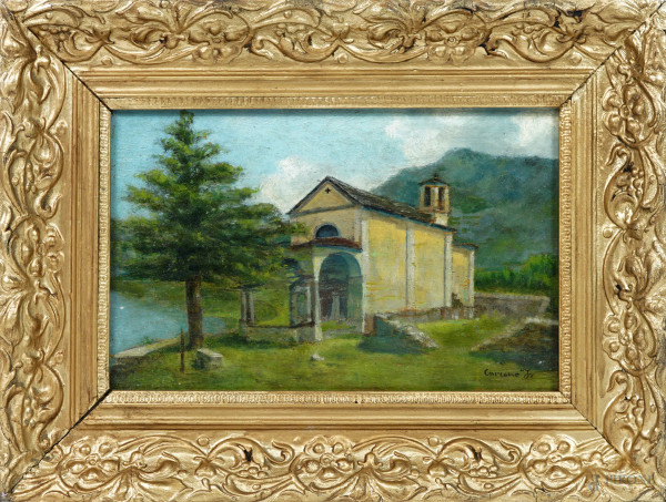 Esterno di chiesa, olio su tavola, firmato, cm 19x31, entro cornice