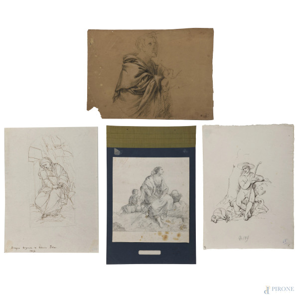 Lotto di disegni a matita e inchiostro su carta, XIX-XX secolo, misure massime cm 30,5x22, (segni di usura, tracce di umidità, rotture, mancanze, strappi)
