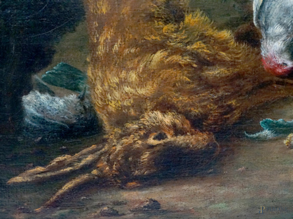 Scuola nord-europea del XVIII secolo, Natura morta con cacciagione entro un paesaggio, olio su te...