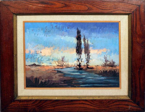 Paesaggio fluviale, olio su tavola, cm 30x40, firmato, entro cornice.