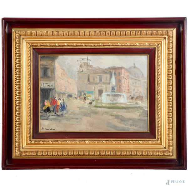 Francesco di Marino, Napoli Piazza Trento, olio su compensato, cm 25x35, firmato in basso a sinistra, entro cornice (supporto lievemente imbarcato e fessurato al centro)