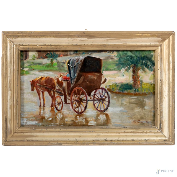 Antonio Asturi (1904-1986), Carrozzella Romana, olio su compensato, cm 19x34, firmato in basso a destra, entro cornice