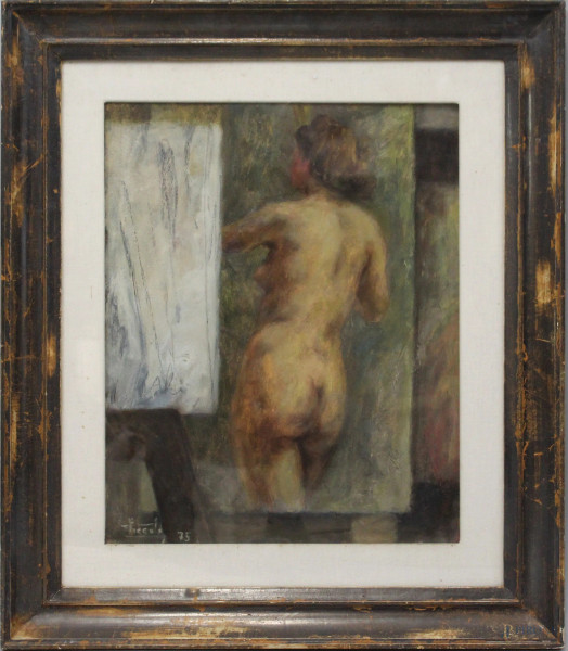 Ettore Piccolo (XX sec.), Nudo di donna, olio su compensato, cm 40x50, firmato e datato, entro cornice