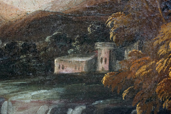Scuola italiana del XVII secolo, Paesaggio lacustre con viandanti, olio su tela, cm 63,5x94,3, en...