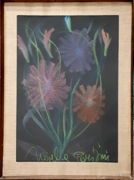 Novella Parigini (1921-1993), Composizione floreale, gessetti policromi su cartoncino nero, cm 70x50, firmato con cornice