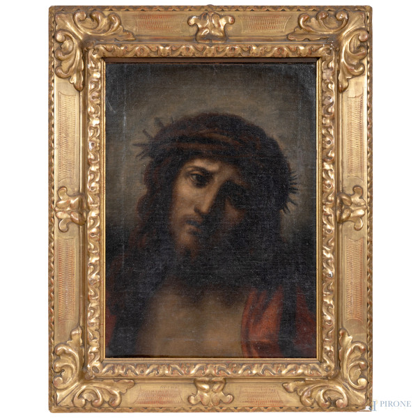 Cristo coronato di spine, XVII secolo, olio su tela, cm 43,5x32, entro cornice, (lievi abrasioni e segni di battitura)