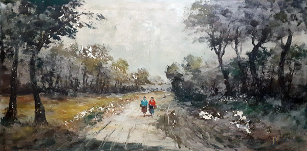 Artista del Novecento, Paesaggio con strada campestre e due viandanti, olio su tela, cm 60x120, firmato, presenta alcune cadute di colore