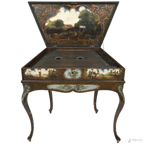 Salterio in legno riccamente dipinto con scene di genere, paesaggio e composizioni floreali, XVII...