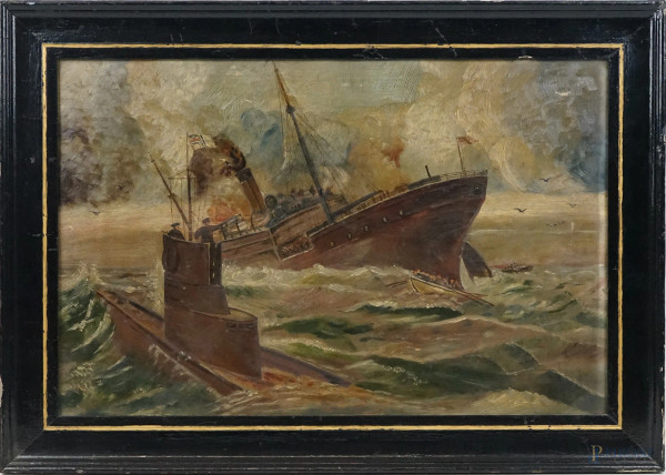 Battaglia navale, olio su cartone, cm 32x50, XX secolo, entro cornice, (difetti)