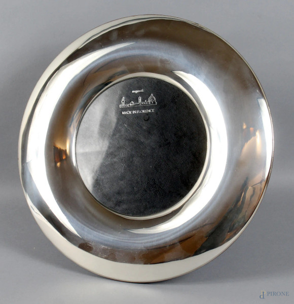 Cornice portafoto di linea tonda in metallo argentato, diametro 33,5 cm.