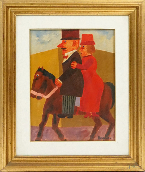 Franz Borghese (1941-2005), Donna e uomo a cavallo, olio su tela, cm 40x30, entro cornice