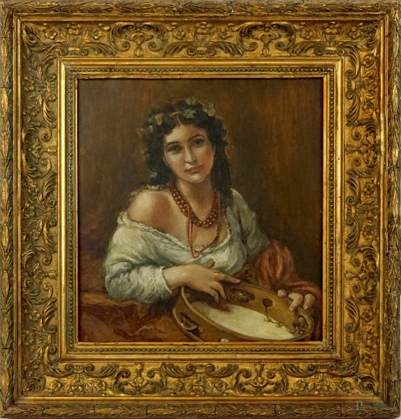 Gitana, olio su rame, cm 35,5x32,5, XIX secolo, entro cornice.