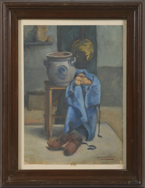 Orazio Amato (1888-1952), Natura Morta, olio su cartoncino applicato su cartone, cm 45x32, firmato in basso a  destra, entro cornice, (lievi segni di usura)
