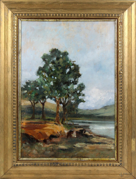Paesaggio fluviale con alberi, olio su tavola, cm. 45x31, dipinto double-faces a firma C.Follini, entro cornice.