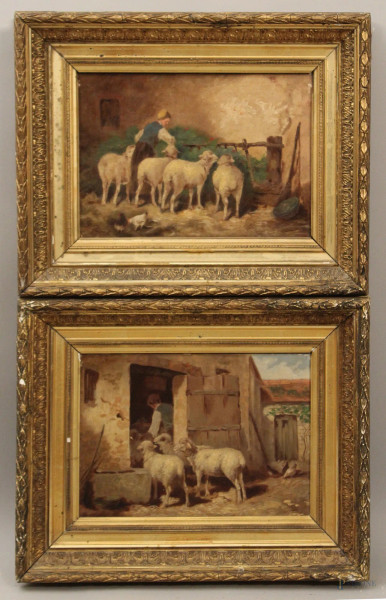 Coppia di dipinti a soggetti d'interno ed esterno di stalla,olio su tela, 30x20 cm, entro cornici firmati e datati