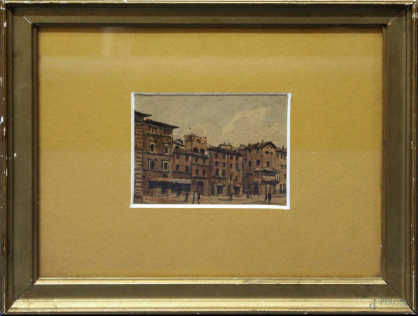 Piazza romana, acquarello su cartoncino 9x11 cm, entro cornice.