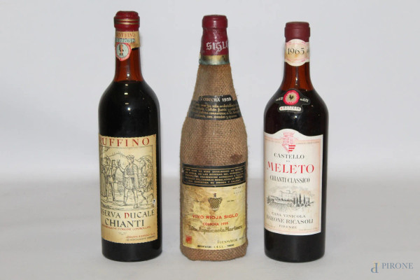 Lotto di tre vini:Castello di Meleto(Chianti)1965,Ruffino Riserva Ducale Chianti,Cosecha 1959 vino Rioja Siglo.