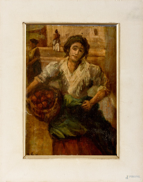 Popolana con cesta, XX secolo,  olio su tavola, cm 18x13, siglato in basso a sinistra, entro cornice, (cadute di colore)